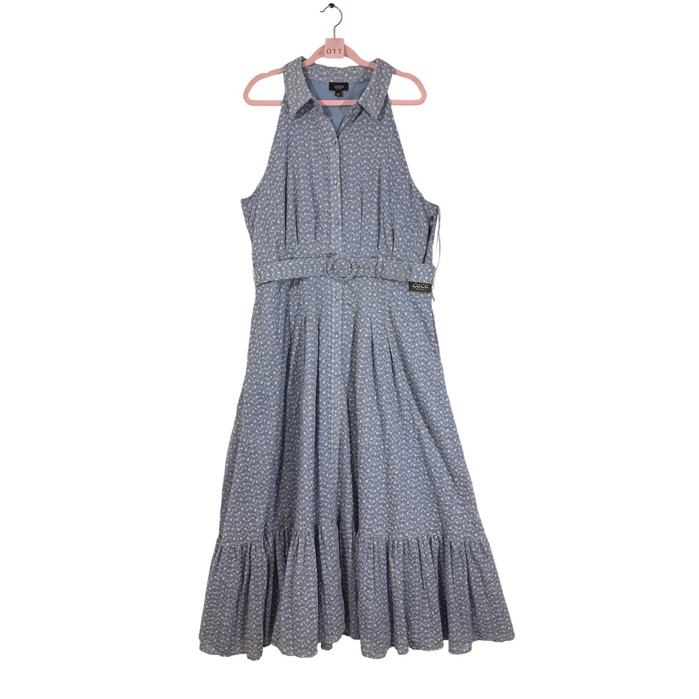 CeCe Blue Floral Eyelet Halter Maxi Dress Sleeveless Belted Ruffle Hem XL
